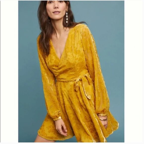 NWOT Anthropologie Yumi Kim Royalty Velvet wrap Dress in gold mustard JB -  threedaughtersproperties.com